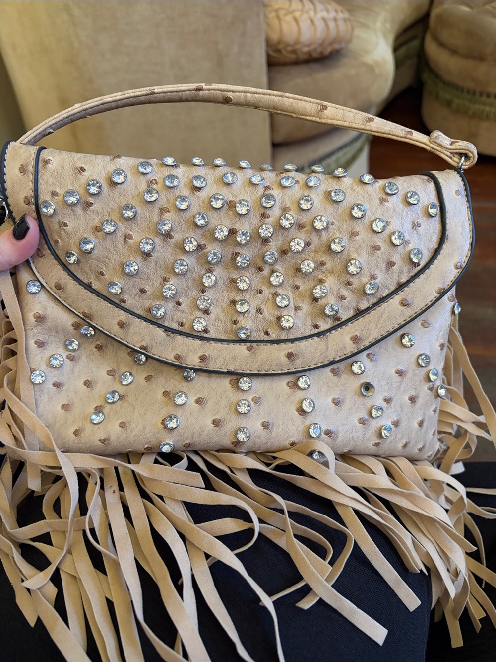 Studded Fringe Women’s Shoulder Bag - Beige